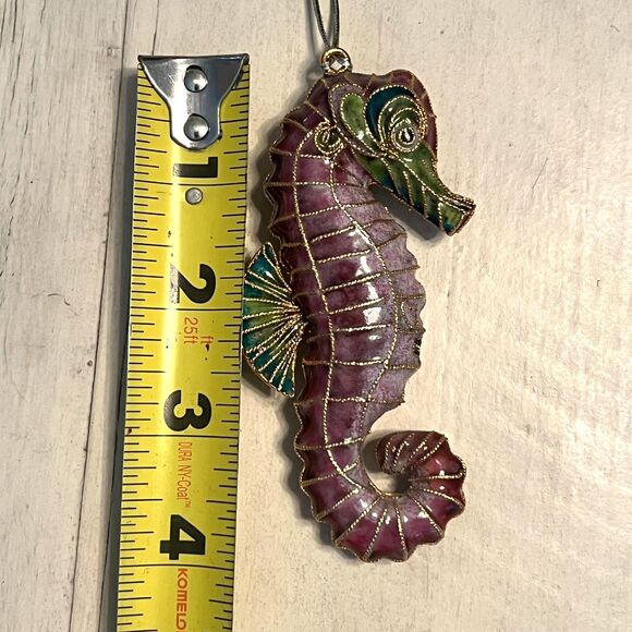 Vtg Cloisonne Enamel SEA HORSE Ornament Purple Green Gold Trim Decorative Art - Picture 6 of 7